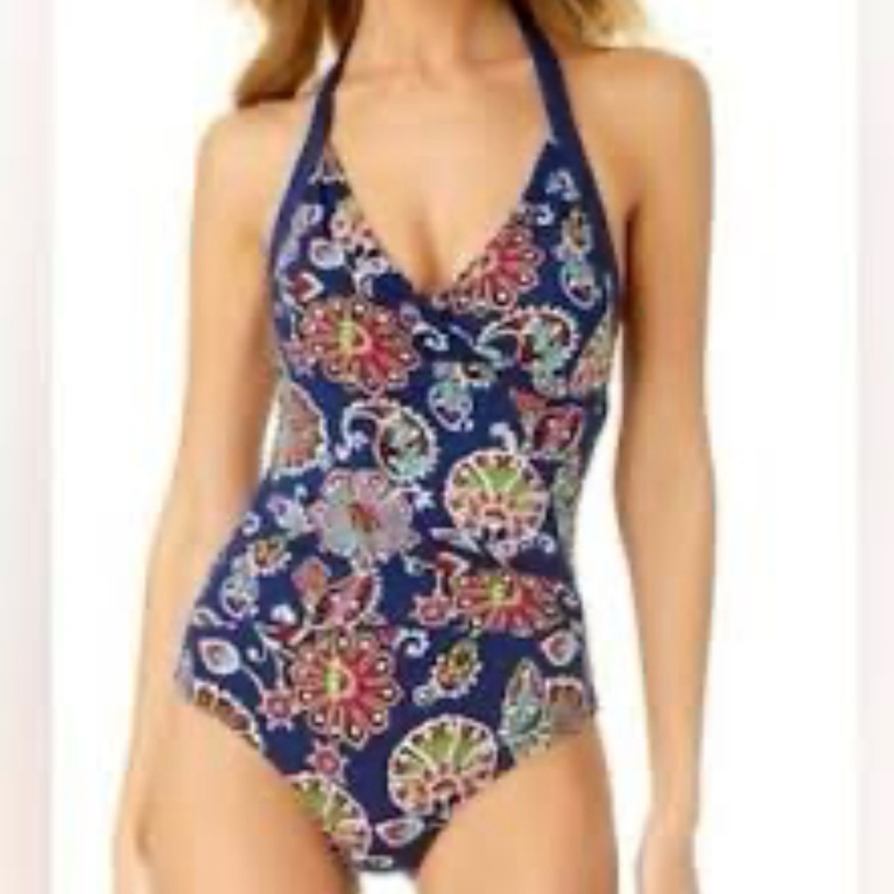 Liz Claiborne  Blue Multi Colored Florals One Piece Swimsuit Womens Plus Size 14